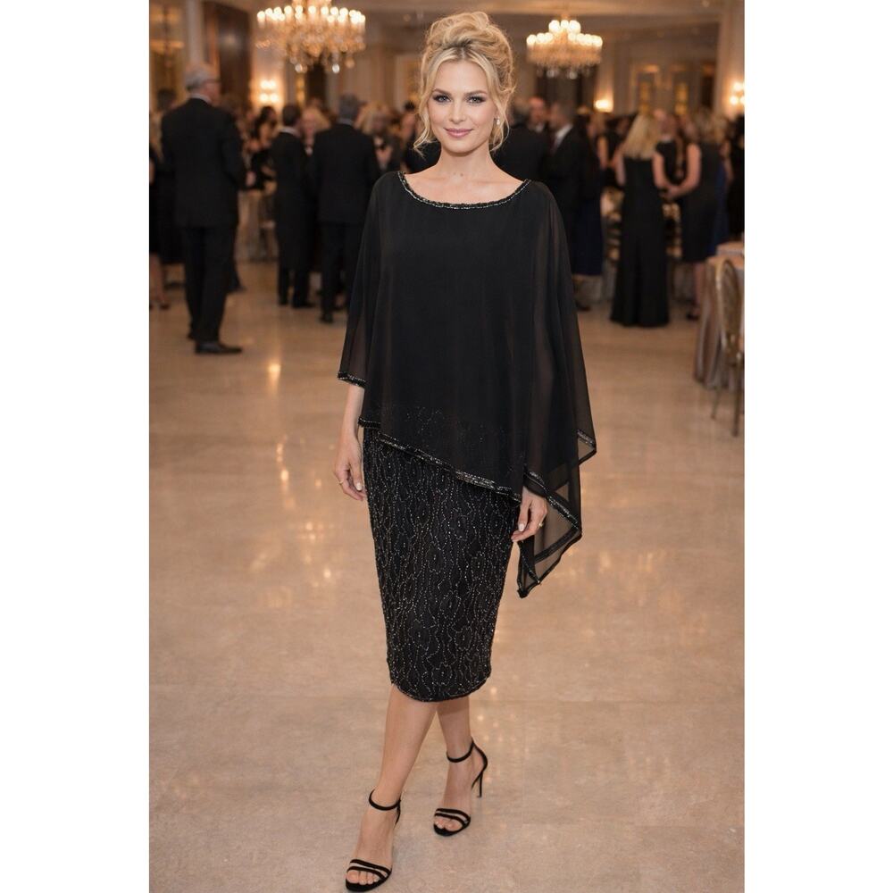 J Kara NY Black Beaded Sheath Gown Asymmetrical Sheer Chiffon Cape Size 14W NWT